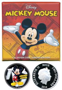Niue, Elizabeth II, Silver $ 2, 31.1g, 2014, rev. an iconic image of Mickey Mouse the Walt