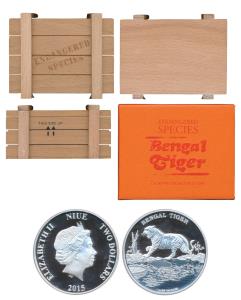 Niue, Elizabeth II, Silver $ 2, 31.1g, 2015, a roaring Bengal Tiger crossing a stream, wit