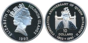 Soloman Islands, Elizabeth II, Silver $10, 31.47g, 1993, 40th Anniversary of the Coronatio