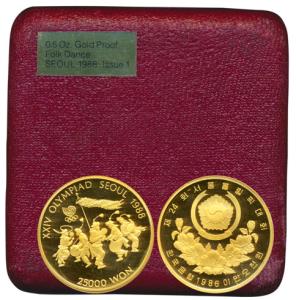 South Korea, Gold 25,000 Won, 16.813g, 25th Olympics in Seoul, 1988, folk dance on rev. (K