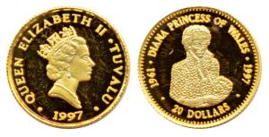 Tuvalu, Elizabeth II, Gold $ 20, 1.24g, 1997, Death of Lady Diana Princess of Wales, (KM 7