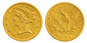 United States of America, Gold $5, 8.25g, Liberty head on obv., Motto ’IN GOD WE TRUST’ ab