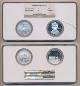 United States of America, Silver Dollar (2), 2009, Louis Braille, rev. a blind boy reading
