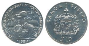 Western Samoa, Half Silver Tala 10, 31.1g, .500 Fine, coat of arms of the state on obv., u