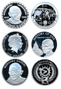 Mahatma Gandhi, Silver (3), Cook Island, Dollar, 2004; Andorra, 10 Diners, 2011; Ethiopia.
