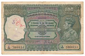 George VI, Rupees 100, 1938, Madras, signed J. B. Taylor, (J&R 7.1F). Very Fine, Rare.