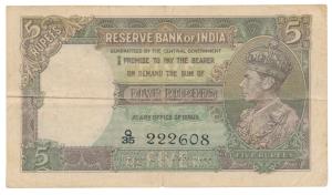 George VI, Rupees 5, 1st Issue, 1944, signed C. D. Desmukh, (Jhun 3.2). Very Fine+.