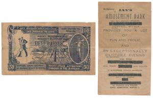 Jan’s Amusement Park Ticket / Advertisement, stylization of a Rupees 10 George VI banknote