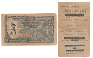 Jan’s Amusement Park Ticket / Advertisement, stylization of a Rupees 10 George VI banknote