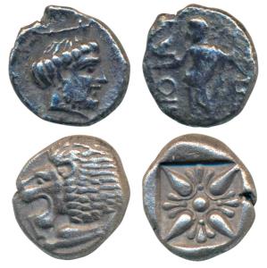 Greek, Asia Minor, Silver Fraction (2), the first with a lion head the second bust of a ru