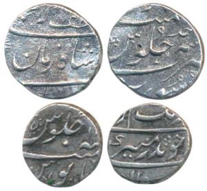 Silver ½ Rupee (2), Muhammad Shah, Ba-luft Badshah-i-Zaman legend, RY Ahd; Aurangzeb, Sura
