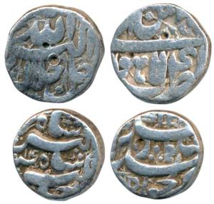 Akbar, Silver Rupee, Lahore Mint, Ilahi type, Month Farwardin, Year 4X; Jahangir, Silver R