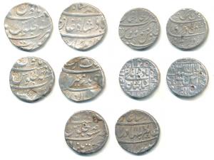 Silver Rupee (5), Shah Jahan, Ahmedabad Mint, AH 1055; Aurangzeb, Surat, Nagari ’Chi’ as c