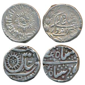 Silver Rupee (2), Shivaji Rao Holkar, Indore Mint, VS 1948; Tukoji Rao II, Malhar Nagar Mi