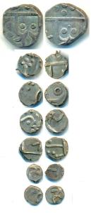 New Chandori Series, Silver Rupee (1), 1/8 (4) and 1/16 (2) Rupee, Udaipur Mint. Very Fine