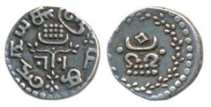 Rama Varma IV (ME 1035-1055, 1860-1880 AD), Silver Velli Fanam, 1.51g, (KM 22). Extremely 