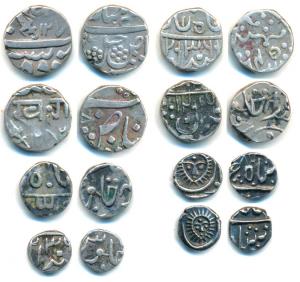Baroda, Silver ½ Rupee (2), Khande Rao, AH 1282 & 127X; Indore, Silver 1/8 Rupee (2), sun 