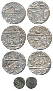 Gwalior, Silver Rupee, Ujjain Mint (2), RY 3 and 4x; Indore Siver Rupee, AH 1216; Manipur,