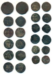 Goa, Copper Tanga, Bazarucos, 2 Bazarucos, and Atia, different dates 1689, 1768, 1750 and 