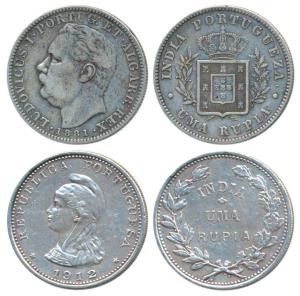 Silver Rupia (Rupee) (2), Luis I (Ludwig), 1881 and 1912. Very Fine+. (2)