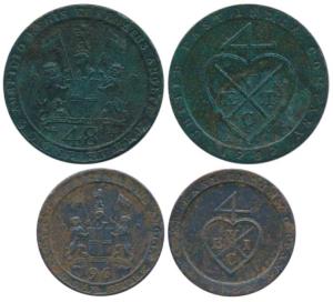 Copper Dub or 1/48 Rupee, 1794; ½ Dub or 1/96 Rupee, 1797, coat of arms of the EIC on obv.