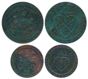 Copper Dub or 1/48 Rupee, 1794; ½ Dub or 1/96 Rupee, 1797, coat of arms of the EIC on obv.