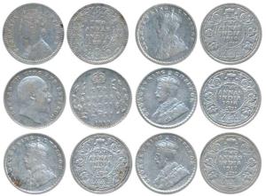 Silver 2 Annas, (6), Victoria Empress 1896, Edward 1910, George V 1914, 1916 (2) and, 1917