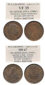 Edward VII and George V, Copper ¼ Anna (2), 1908 & 1919 respectively, the first with ghost