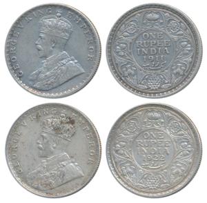 George V, Silver Rupee (2), 1911 and 1922, both Bombay Mint, (Prid 217 & 228). Very Fine+.