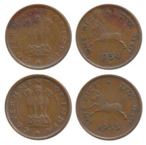 Copper Pice (2), Hyderabad Mint, 1954 & 1955, split diamond as mint mark. About Extremely 
