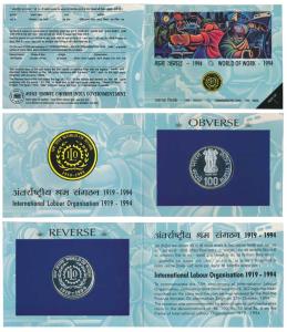 1994 Proof Set, World of Work, Silver Rupees 100. In immaculate condition, within original
