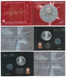 2009 Uncirculated Set, 200th Birth Anniversary of Louis Braille, set of 2, Rupees 2 and 10