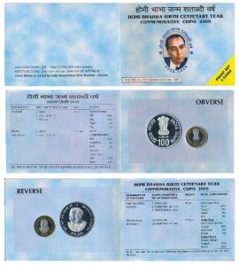 2009 Proof set, Homi Bhabha Birth Centenary, set of Rupees 10 (bi-metal) and 100. In immac