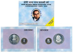 2009 Proof Set, Homi Bhabha Birth Centenary, set of Rupees 10 (bi-metal) and 100. In immac