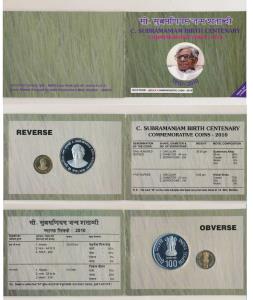 2010 Proof Set, C. Subramaniam Birth Centenary, set of 2, Rupees 5 and 100. In immaculate 
