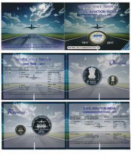 2011 Proof Set, 100 years Civil Aviation India, set of 2, Rupees 5 and 100. In immaculate 