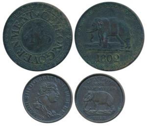 Ceylon, Copper ½ Stuiver, 1815; 1/48 Rixdollar, 1802, elephant to left on obv., (KM C25, 2