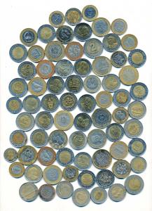 A set of 80 different Bi-metal coins of the World, Jordan, Bahrain, Thailand, Italy, Boliv