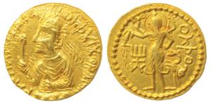 Kushanas, Huvishka, Gold Dinar, 7.91g, obv. nimbate, diademed and crowned half-length bust