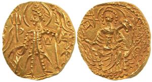 Later Kushanas, Shaka (c. 320-350 AD), Gold Dinar, 7.75g, obv. king nimbate, standing left