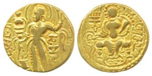 Guptas, Samudragupta, Gold Dinar, 7.42g, Standard type, obv. king nimbate standing left, h