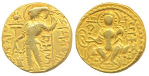 Guptas, Samudragupta, Gold Dinar, 7.29g, Standard type, obv. king nimbate standing left, h