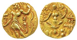 Guptas, Chandragupta II, Gold Dinar, 7.83g, Archer type, obv. king nimbate, standing left 