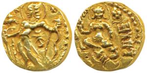 Guptas, Kumaragupta I, Gold Heavy Dinar, 8.18g, Archer type, obv. king nimbate standing le