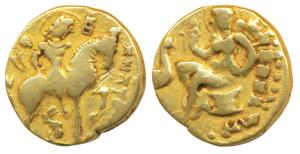 Guptas, Kumaragupta I, Gold Dinar, 7.9g, ’Horseman’ type, obv. king nimbate, holding bow, 