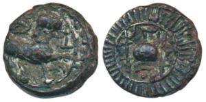 Vishnukundin Dynasty (c. 450-615 AD), Copper base alloy Unit, 9.67g, lion to right with up