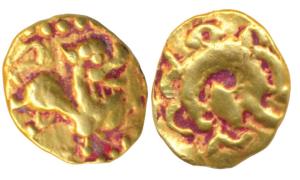Kadambas of Hangal (1075-1190 AD), Gold Double Fanam / 2 Fanams, 0.70g, obv. a lion with u