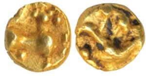 Kadambas of Hangal, Gold Fanam, 0.37g, obv. a lion with upraised leg, rev. an uncertain sy