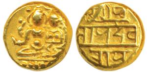 Vijayanagar, Devaraya I (1406-1422 AD), Gold Pagoda, 3.41g, Shiva-Parvati seated, Siva hol