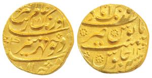 Aurangzeb, Gold Mohur, 11g, Aurangabad Mint, complete mint name on rev. top AH 1081/13 (KM